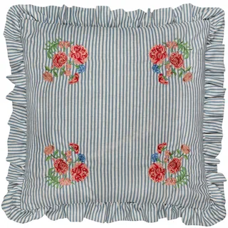 furn. Wylder Martha Ruffle Kissenbezug – Landhaus Cottage Floral Bestickt Gestreift Dekorativer Bezug (Blau – 50x50cm)