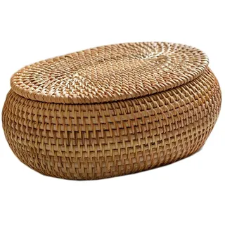 Elqubkan Aufbewahrungskörbe Aus Rattan mit Deckel, Rattankorb, Handgewebter Runder Geflochtener Korb, Dekorative Schreibtischbox für Zuhause, Büro