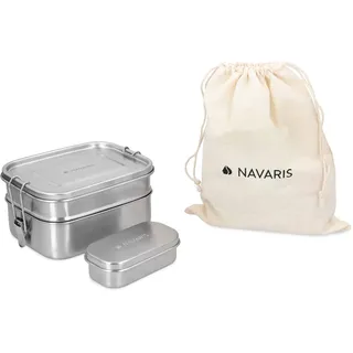 Navaris Brotdosen Set 3-teilig - Doppeldecker Lunch Box aus Edelstahl inkl. Mini Behälter - Doppel Brotbox Vesperdose Box Metall Behälter