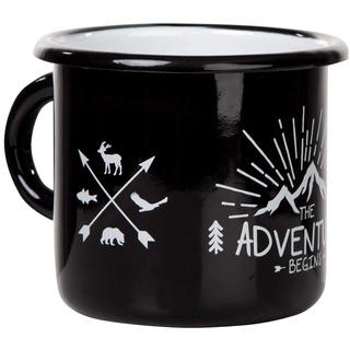 MUGSY I Emaille Tasse mit Spruch The Adventure Begins, 330 ml, Camping Tasse, Camping Ausrüstung, Retro Design I Schwarz