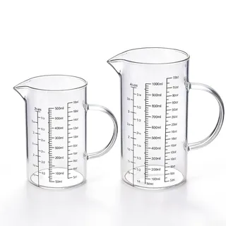 2 Stück Messbecher Set Glas 500ml + 1L, Transparent Messbecher Glas mit Ausguss und Griff, 3 Messskalen (Ml/Oz/Tassen), Messkrug für Backen und Kochen, Präzise Skala, Mikrowellengeeignet