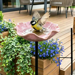 Vogeltränke Blume, Bienentränke Keramik mit Bodensteckdose - Bienentränke Gartenstecker & Insektentränke, Wasserschale und Vogelfutterstelle, Dekorative Keramikblüten Blumenstecker (D)