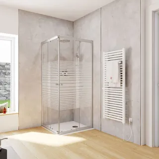 Schulte Duschkabine Corner Eckeinstieg mit Schiebetüren, Montage auf Duschwanne oder Fliese, 4mm ESG Sicherheitsglas, Dekor Querstreifen Profil: