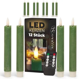 Novaliv Stabkerzen LED mit Timer Grün 12 Stück Indoor - 6 Stunden - ECHTWACHS 18cm Höhe für Kerzen 2,2cm Durchmesser 2 AAA Batterien notwendig LED Stabkerzen 2er Set Grün (DREI Mal) bewegliche Flamme