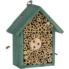 Relaxdays Insektenhotel, Nisthilfe für Bienen & Wespen, HBT 20 x 17 x 8,5 cm, Garten, Balkon, Bienenhotel, Holz, grün