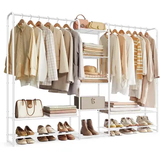 SONGMICS Kleiderständer, Garderobenständer mit Ablagen, freistehend | Offener Kleiderschrank, Kleiderstange, Garderobe aus Stahl, 29 x 183 x 158,4 cm, mattweiß LGR463W01