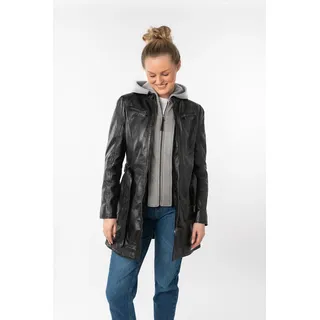 Ledermantel MAURITIUS "BENTE2", Damen, Gr. S (36), schwarz, Obermaterial: 100% Schafsleder. Futter: 100% Baumwolle. Kapuze: 55% Polyester, 45% Baumwolle. Ärmelfutter: 100% Polyester, figurbetont lang, mit Reißverschluss, Mäntel Ledermantel, lange Lederjacke mit Gürtel & abnehmbarem Kapuzen-Inlay