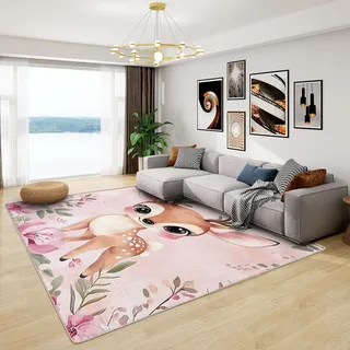 Teppich Kinderzimmer REH - Teppich Wohnzimmer Schlafzimmer Baby Waldtiere, Großer Teppich Mädchen REH Rosa, Weich Kurzflor & Waschbar & rutschfest Wohnzimmerteppich, Kinderteppich, 120x170 cm