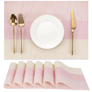 Chitomars Tischsets Abwaschbar 6er Set, Platzsets Abwaschbar PVC Hitzebeständig Tischset Outdoor Vinyl Gewebte Platzdeckchen für Häuser Restaurants Hotel Tischdekos(Beige Rosa,6er Set)