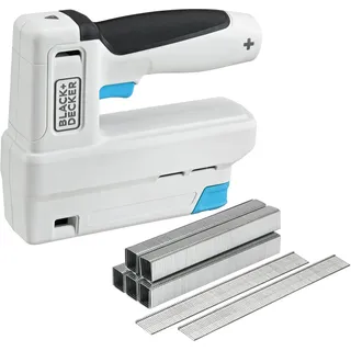 BLACK+DECKER 3.6V Akku-Tacker BCN115 (kabellos, mit 2in1 Funktion, für Befestigungs- und Dekorationsarbeiten, Magazin Klammer-Sichtfenster, inklusive USB-C Kabel, Klammern Stiftnägel), Weiß/Blau