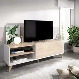 Dmora - Asinara TV-Schrank, niedriges Wohnzimmer-Sideboard, Wohnzimmer-Sideboard für Fernseher, 155 x 43 x 47 cm, Eiche und Weiß