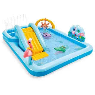 INTEX "Jungle Adventure Play" Aufblasbares Planschbecken für Kinder Kinderpool Set244 x 198 x 71cm Dchungel-Welt Flamingo, Krokodil, Nielpferd & Affe, Regendusche & Rutsche, 550 l (57161NP)