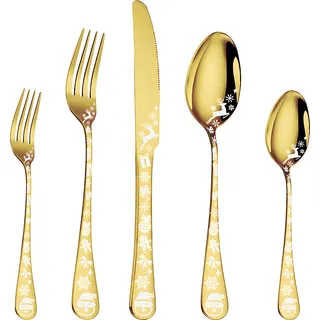 40-teiliges Goldbesteck-Set für 5 Personen, Edelstahl mit runder Kante, spülmaschinenfest, für Zuhause und Restaurant, inkl. Messer, Gabel, Löffel - Gold