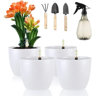 LangRay 4er-Set Blumentopf mit Wasseranzeiger, 15.5x13cm Klein Kunststoff Pflanztopf Selbstbewässerungstopf Wasserspeicher Hydrokultur Topf mit Bewässerungssystem Selbstbewässernd (Weiß)