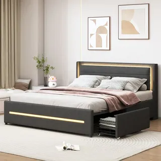 Flieks Polsterbett 160x200cm mit 4 Schubladen, Doppelbett Stauraumbett mit Lattenrost, Jugendbett mit LED, Holzbett Funktionsbett, Leinen, Grau - Grau