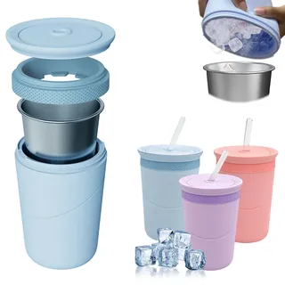Feegela Eiswürfelflasche mit Edelstahlbecher & Deckel,Blau Wiederverwendbar | Doppelwandige Isolierung, 2-in-1 Trinkhalm, BPA-frei, Für Slush, Camping & Büro