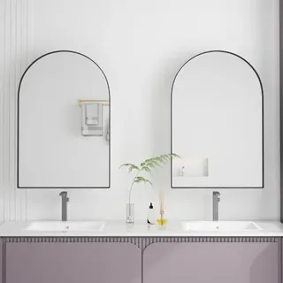AIORBER Arched Spiegelschrank mit Stauraum, Badezimmerspiegelschrank mit Metallrahmen und verstellbaren Einlegeböden, Wand- oder Einbau, Schwarz - Schwarz