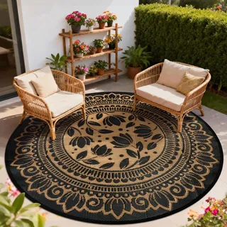 Geanup Outdoor Teppich Rund Schwarz 180 cm, Boho Wetterfest Wendbarer Outdoorteppich, Kunststoff Terrassenteppich, UV-beständige Balkon Teppich für RV Camping Deck Patio Strand Garten Picknick