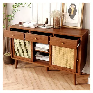 Sideboard, Kommode mit 3 Schubladen und 3 Schiebetüren, Rattangeflecht auf den Türfronten, Beine aus massivem Holz, goldene Metallbügelgriffe, verstellbare Ablagen, 120 x 40 x 78 cm / Nussbaum - Braun