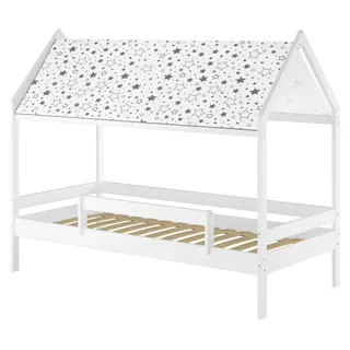 Weißes Himmelbett m Himmel u Fallschutz Kinderbett Hausbett 90x200 Massivholz Einzelbett weiteres Zubehör wählbar V-60.58-09W Federleisten - Weiß