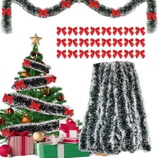 Tannengirlande 10m + 24pcs Weihnachtsschleifen Rot, Girlande Weihnachten Outdoor, Weihnachtsgirlande, Lametta Girlande Tannengrün, Lametta Weihnachtsbaum, Tannengirlande Künstlich, Christmas Garland