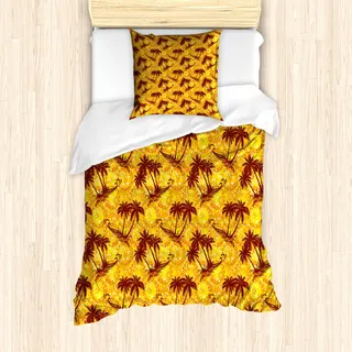 ABAKUHAUS hawaiisch Bettbezug Set für Einzelbetten, Ozean-Insel-Palmen, Milbensicher Allergiker geeignet mit Kissenbezug, Ringelblume und Braun - Braun