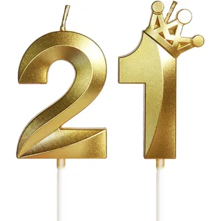 Geburtstagskerze 21 Zahlenkerze 21 mit Krone, 5cm Gold Geburtstagskerzen, Kerzen Geburtstag, Tortendeko Geburtstag, Tortendekoration für Kinder, Erwachsene, 21. Geburtstagsfeier, Jubiläum, Nummer 21