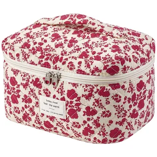 uekeboag Große Reise-Make-up-Tasche für Damen, gesteppt, Blumenmuster, Baumwolle, Kosmetiktasche, Kosmetiktasche, hot pink