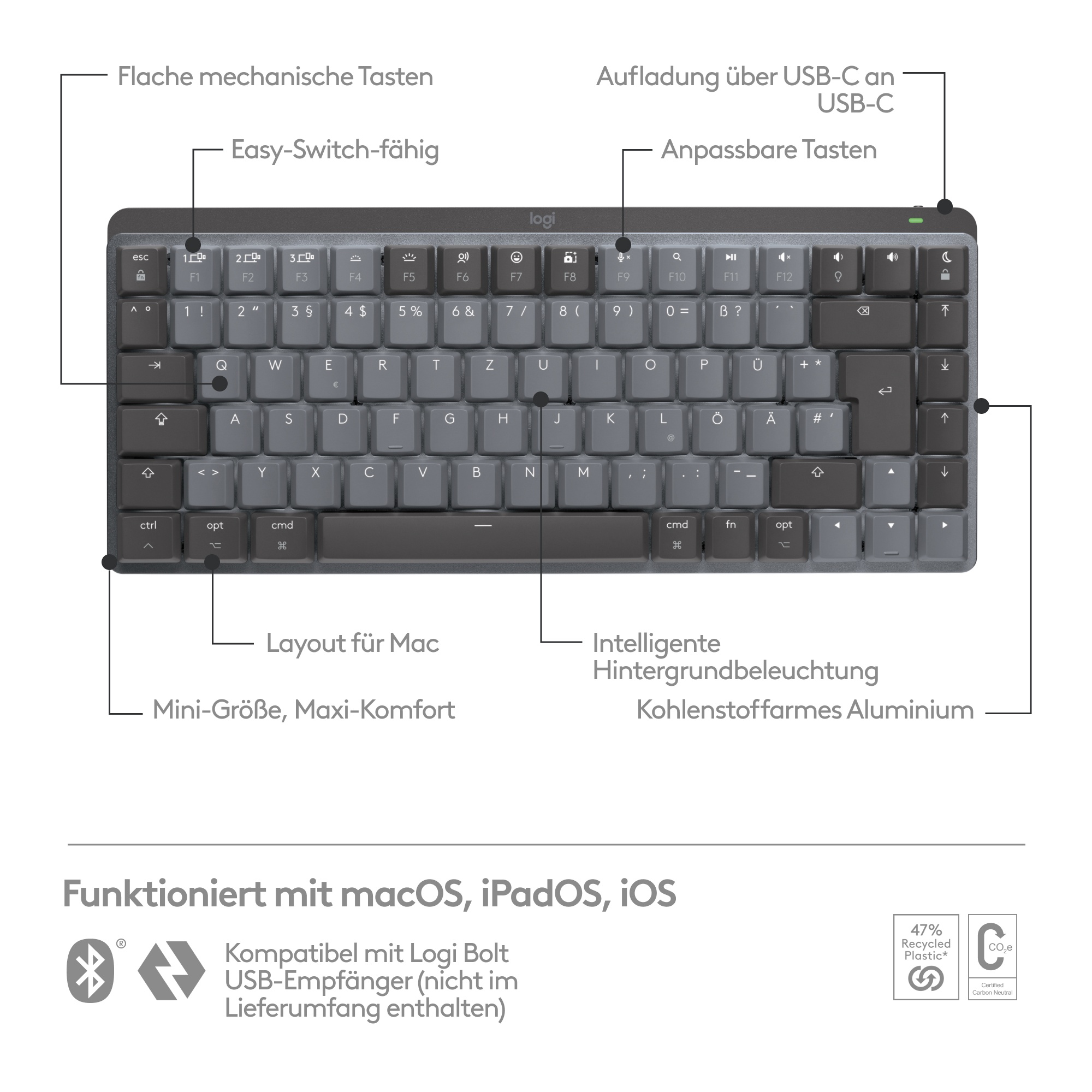 Bild von MX Mechanical Mini for Mac Space Gray, Kailh Choc V2 LOW PROFILE BROWN, Logi Bolt, USB/Bluetooth, DE (920-010832)