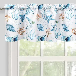 Inselnwald Coastal Blauer Volant für Fenster, Meeresbewohner, nautische Fensterbehandlung, Kurze Vorhänge für Küche, Badezimmer, Café, Stangentasche, 132 x 35 cm, Blau