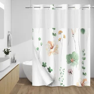 WITHLOC Duschvorhang ohne Haken mit Einrasteinsatz – Duschvorhang mit Blumenmuster – wasserdichter Stoff, Pflanzen, Aquarell, Salbeigrün, Moderne Stoff-Duschvorhänge – maschinenwaschbar, 180 x 188 cm