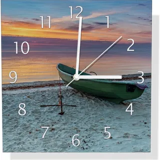 Wallario Design Wanduhr Einsames Fischerboot mit Anker am Strand aus Aluverbund, Größe 30 x 30 cm - Blau