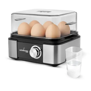 LEHMANN Eierkocher Edelstahl bis zu 6 Eier - Egg Cooker mit Härtegradeinstellung und Signalton - Perfekte Eier kochen dank 5 Programmen - inkl. Wasser-Messbecher mit Eierstecher - Familiengröße