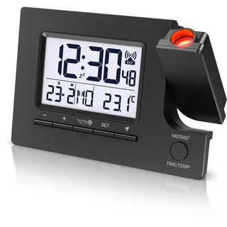 BEARWARE Digitaler Wecker, Projektionswecker, Wecker mit Projektion, Funkwecker digital, Datums- und Wochentagsanzeige, LED Hintergrundbeleuchtung, Snooze, 2 Weckalarme - Schwarz