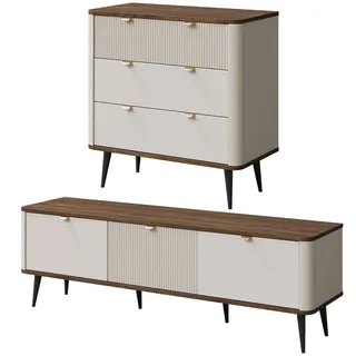Feldmann-Wohnen Wohnzimmer-Set Marly 2-tlg Kaschmir / Walnuss , Beige, Braun , Holzwerkstoff , 3 Schubladen , 250x82x40 cm , Wohnzimmer, Wohnwände