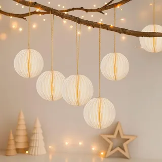 Ideen mit Herz Waben-Kugeln zum Aufhängen | mit Magnetverschluss | 6 Papierkugeln mit Goldrand | mit goldenem Band zur Aufhängung | Anhänger für Weihnachten | Weihnachtsdeko aus Papier (cremeweiß)
