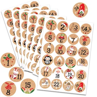 HOWAF Adventskalender Aufkleber (Zahlen 1-24) 192 Stück Kraft Zahlen Sticker für Weihnachten Kalender zum selber basteln, selbstklebend Adventskalenderzahlen Etiketten Nummern für Papiertüten