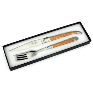Forge de Laguiole - Steakmesser und Gabel je 1x im Set - Griff Olivenholz - Besteck Frankreich - Stahl satiniert