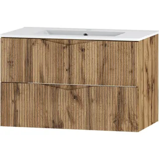 Badezimmer Waschtisch mit 80 cm Breite in Eiche mit gerillter Front, 2 Schubladen - CALURI-140 - Braun