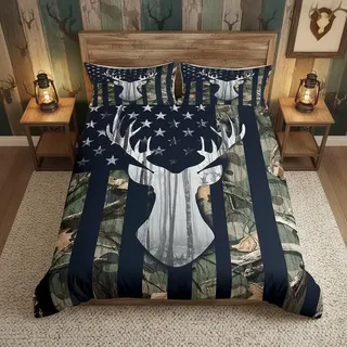 Camo Silver Stars Bettbezug 135 x 200 cm, grauer Hirsch und Bäume, Silhouette, natürlicher Stil, Bettbezug mit 1 Kissenbezug, 2 Stück, Streifen, grün, Camouflage-Bettwäsche-Sets für Kinder und Jungen