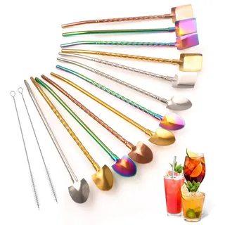 SneiDr 12 Stück Wiederverwendbare Edelstahl Trinkhalme Löffel Set Strohhalmlöffel mit 2 Reinigungsbürste Integriertes Design Langlebig Langer Trinklöffel für Tee Kaffee Saft und Cocktail 4 Farben