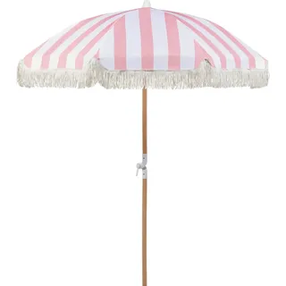 BELIANI Sonnenschirm Rosa Stoff-Bespannung Rund  150 cm mit Volant Regenschutz Holzmast Neigungsfunktion Kurbel Boho Garten Outdoor Balkon Terrasse - Rosa, Weiß, Braun