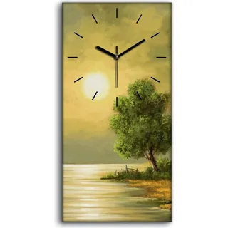 Wanduhr Leinwand Bild Uhr Quarz 30x60 Baum Segel boot Baum Haus Wasser Sonne - schwarze Hände - Grün
