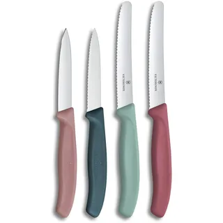 Victorinox Swiss Classic, Tomaten- und Gemüsemesser Set, 4teilig, Scharfe Klinge, 8 und 10 cm, Wellenschliff, Rostfreier Stahl, Grün und Rot