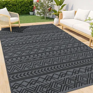 smiry Outdoor Teppich Wetterfest 120 x 180 cm, Modern UV-beständig Geometrisches für Terrasse Balkon Garten Wohnzimmer, Schwarz & Grau