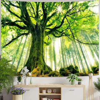 Skcess Wandteppich Wald Groß, Grün Wandtuch Wald Sonnenaufgang Wandteppich Natur Landschaft Tapisserie Jungle Wandbehang Decorative Tapestry 240 x 220 cm