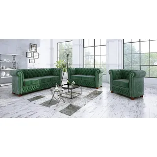 s-style möbel - Chesterfield Jutta Polstergarnitur 3+2+1 aus Flasche grün Samt-Stoff mit Holzfüßen, B/T/H: 3er - 203 cm / 86cm / 72 cm - Grün