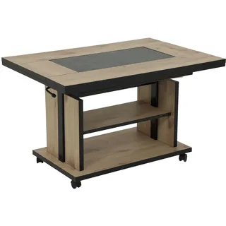 Hela Tische, Couchtisch mit 3 Funktionen Berlin, Dekor Artisan Eiche, Schieferplatteneinlage, Ausziehbar, Höhenverstellbar mit Lift, Kunststoff-Rollen mit Bremse