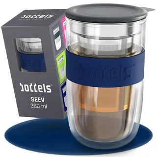 boddels Glasbecher 380ml – Teebecher mit Sieb, Doppelwandig, Teetasse, Keramik-Deckel, Thermo-Glas Kaffeeglas (Nachtblau)