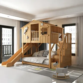 Hausbett Hochbett Spielbett Etagenbett Kinderbett 1500x2000mm Rutschen+Stufen mit Stauraum Birkenholz farbe - Braun